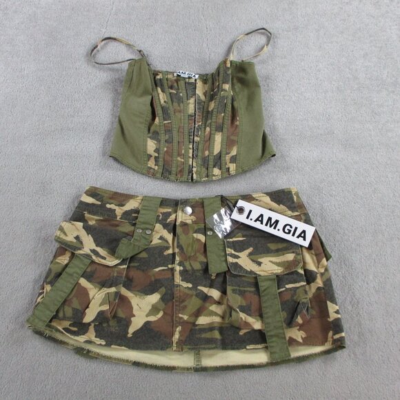 I AM GIA Camo Skirt Corset Set Outfit Womens XS Eydis Army Cargo Top & Bottom - Picture 2 of 12